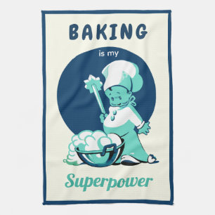 Cute Retro Vintage Blue Boy Baker Tea Towel