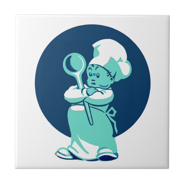 Cute Retro Vintage Blue Boy Chef Cook Tile (Front)