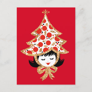 Cute Retro Vintage Christmas Girl with Tree Hat Holiday Postcard