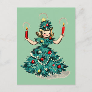 Cute Retro Vintage Christmas Tree Girl Holiday Postcard