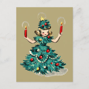 Cute Retro Vintage Christmas Tree Girl Holiday Postcard