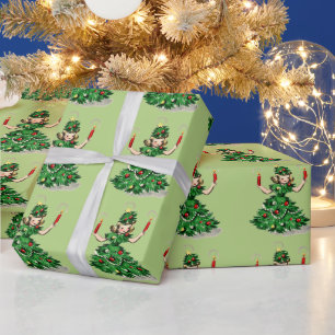 Cute Retro Vintage Christmas Tree Girl  Wrapping Paper