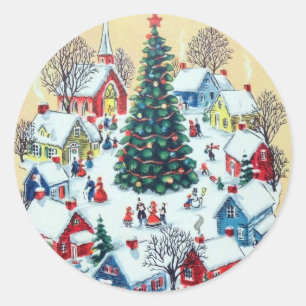 Cute Retro Vintage Christmas Village Classic Round Sticker