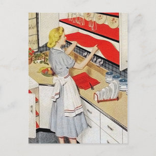 Cute retro vintage cleaning lady holiday postcard