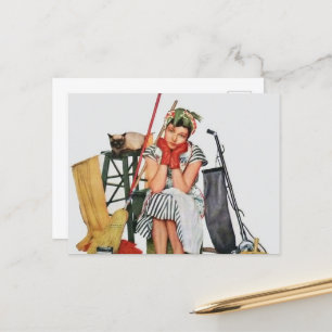 cute retro vintage cleaning lady postcard