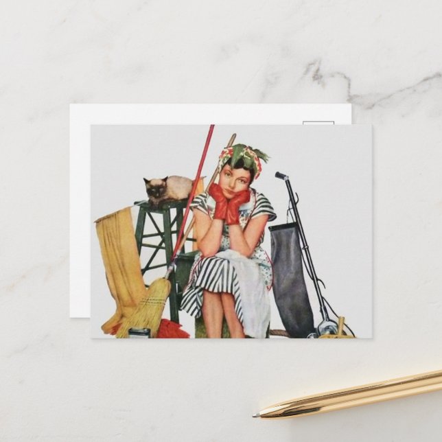 cute retro vintage cleaning lady postcard (Front/Back In Situ)