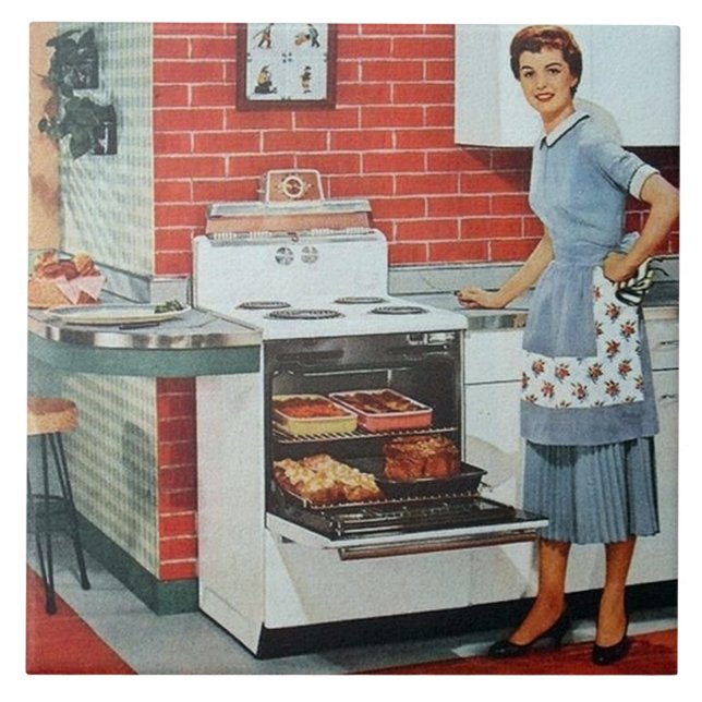cute retro vintage cooking kitchen lady tile (Front)