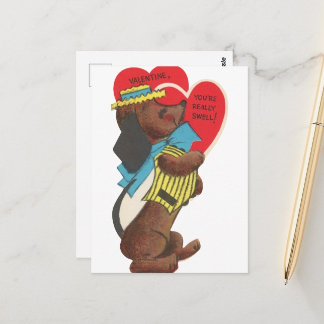 Cute retro vintage dog Valentine Postcard (Front/Back In Situ)