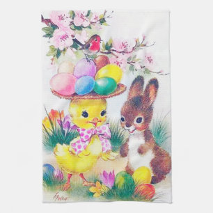 Cute retro vintage Easter bunny chick Holiday Tea Towel