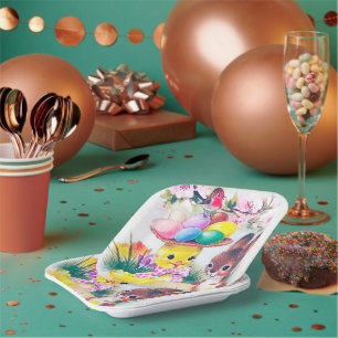 cute retro vintage Easter bunny chick party Paper Plate