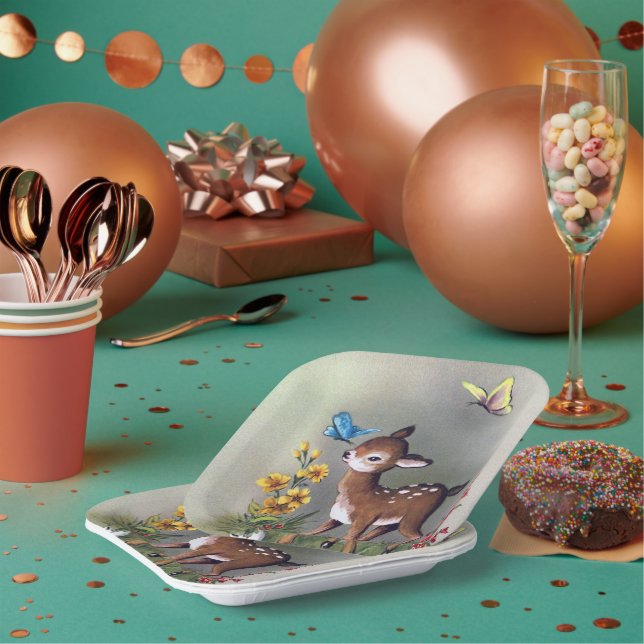 cute retro vintage Easter deer party Paper Plate (Multi)