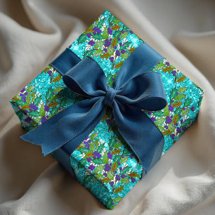 Cute retro vintage green leaves holidays aqua wrapping paper