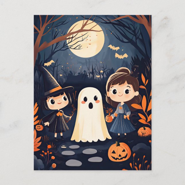 Cute Retro Vintage Halloween Kids Ghost Pumpkin  Postcard (Front)