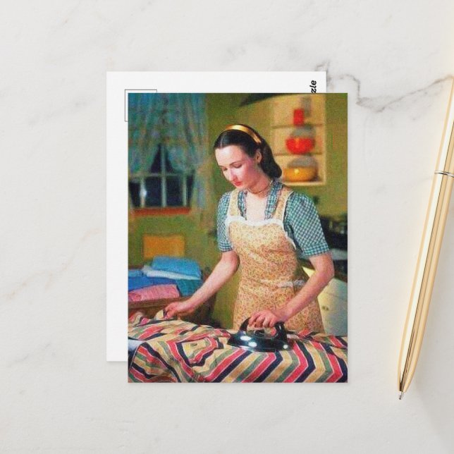 cute retro vintage ironing lady  postcard (Front/Back In Situ)