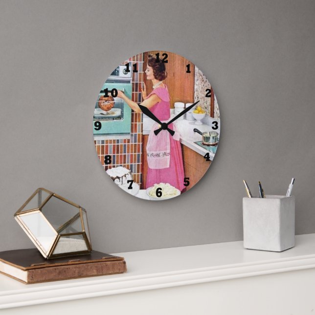 cute retro vintage kitchen lady Large Clock (Office)