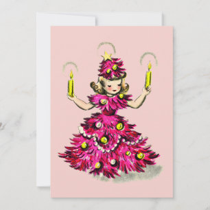 Cute Retro Vintage Pink Christmas Tree Girl Holiday Card