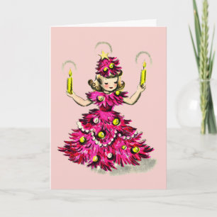 Cute Retro Vintage Pink Christmas Tree Girl Holiday Card