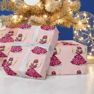 Cute Retro Vintage Pink Christmas Tree Girl Wrapping Paper
