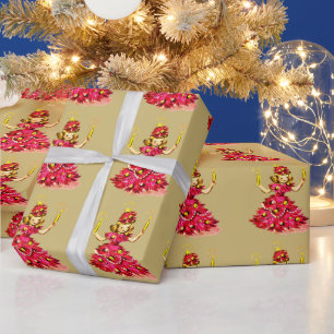 Cute Retro Vintage Pink Gold Christmas Tree Girl Wrapping Paper