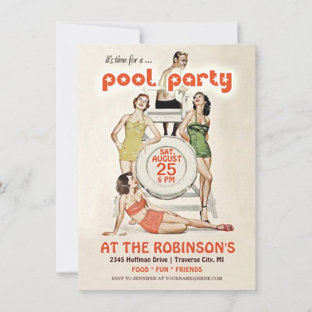 Cute Retro Vintage Pool Party Invitation (Front)