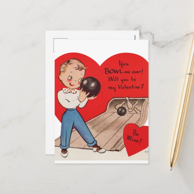 Cute retro vintage Valentine bowling Holiday Postcard (Front/Back In Situ)