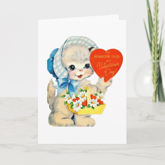 Cute retro vintage Valentine cat Holiday Card (Front)