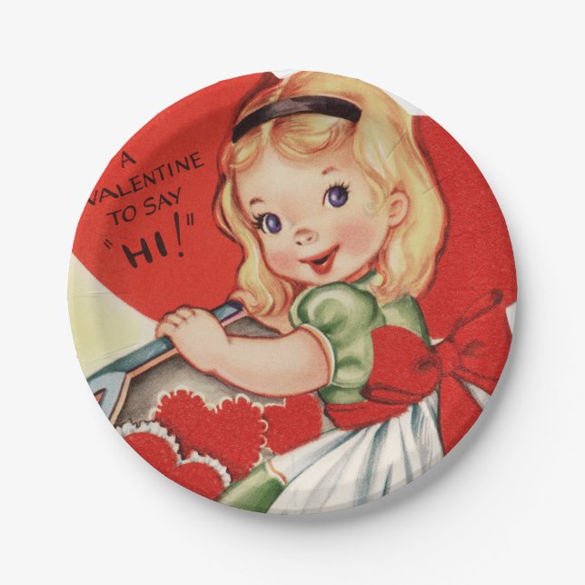 Cute retro vintage Valentine girl party Paper Plate (Front)