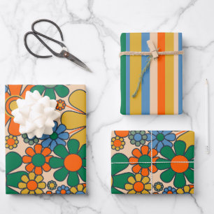 Cute Retro Vintage Whimsical Flowers & Stripes Wrapping Paper Sheet