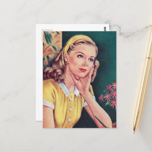 cute retro vintage writing letter lady postcard