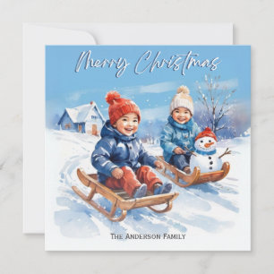 Cute Retro Watercolor Children Sledges Snow Scene Holiday Card
