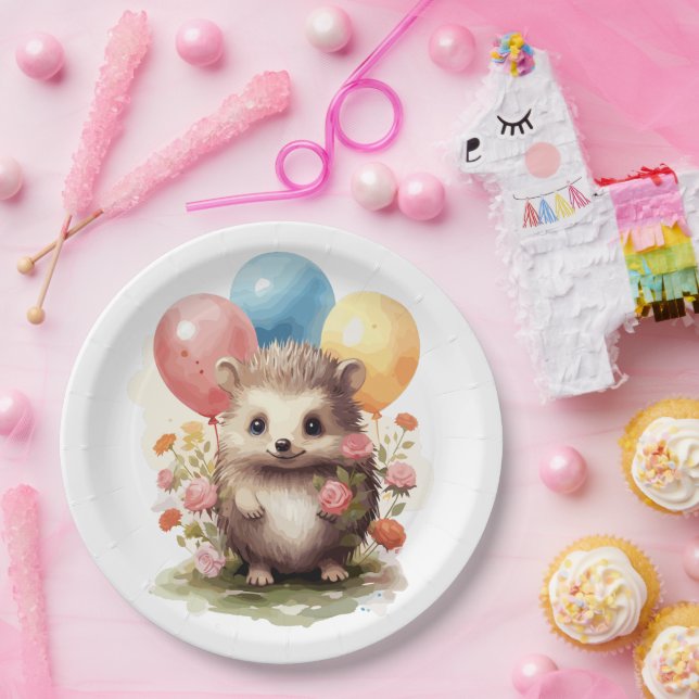 Cute Retro Watercolor Hedgehog with Balloons Paper Plate (Party)