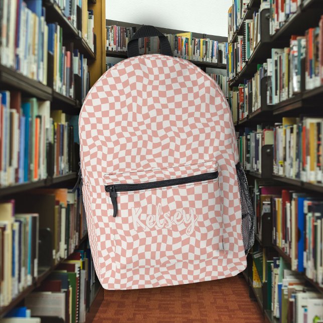 Cute Retro Wavy Check Pink Monogram Name Printed Backpack (Creator Uploaded)