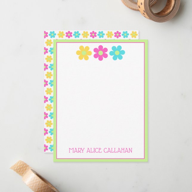 Cute Retro Yellow Pink Blue Daisies Card (Front/Back In Situ)