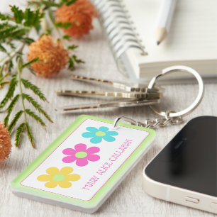 Cute Retro Yellow Pink Blue Daisies Key Ring