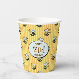 Cute Retro Yellow Striped Bumblebee Birthday Paper Cups