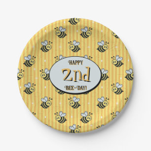 Cute Retro Yellow Striped Bumblebee Birthday Paper Plate