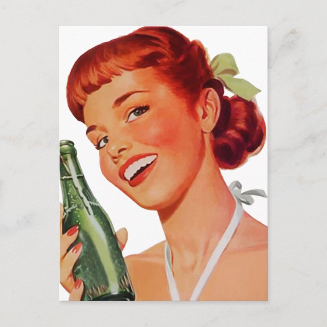 Cute Retro Young Woman with Pop Bottle Postcard (Front)