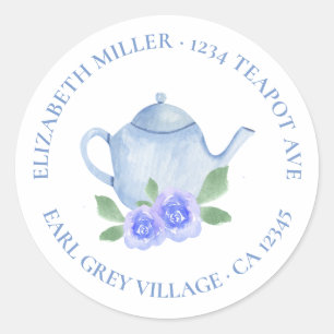 Cute Return Address Watercolor Blue Teapot Classic Round Sticker