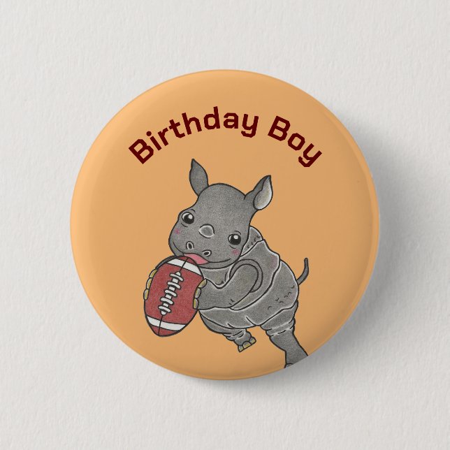 Cute Rhino American Football Birthday Boy Button (Front)