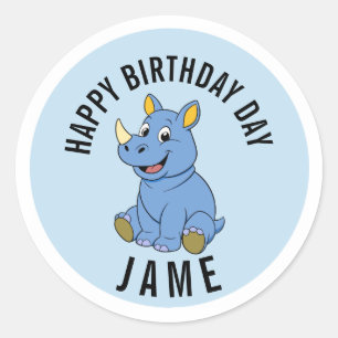 Cute Rhino Birthday Jame Name Sticker - Personaliz