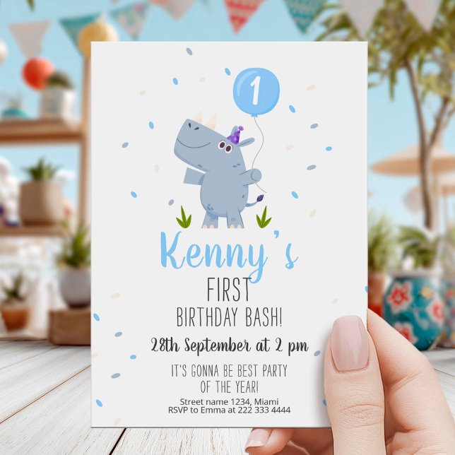 Cute Rhino First Birthday Party Card (Creator Uploaded)