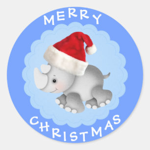 Cute Rhino in Santa Hat Blue Christmas Stickers