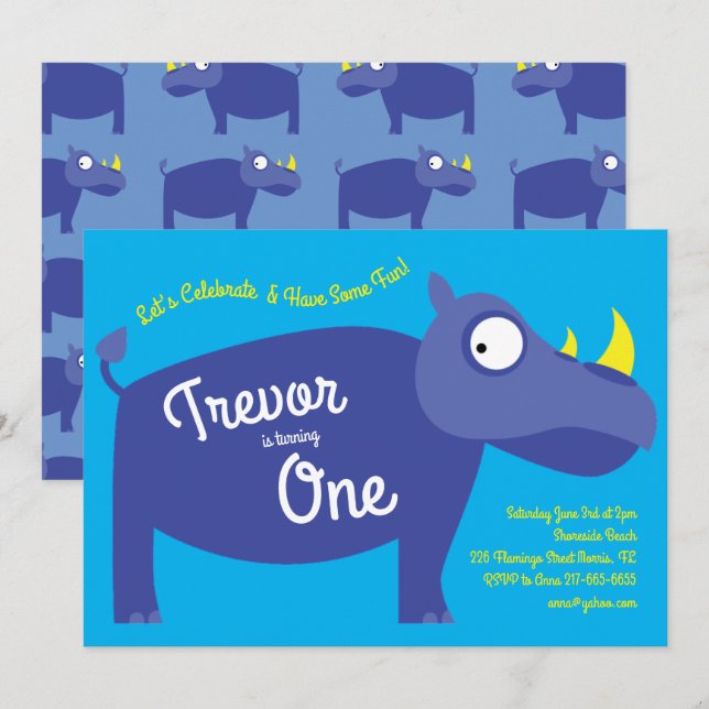 Cute Rhino Kids 1st Birthday Party Rhinoceros Invitation (Front/Back)