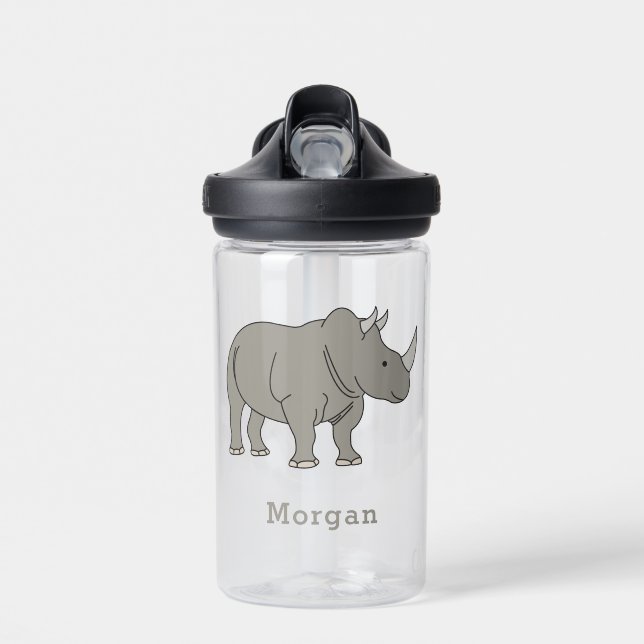 Cute Rhino Personalised Custom Name Back To School Water Bottle (Front)