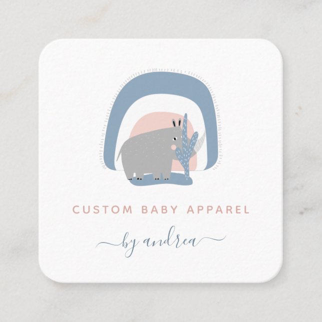 Cute Rhino Rainbow Baby Boutique Nanny Babysitter  Square Business Card (Front)