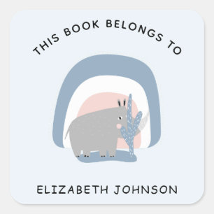 Cute Rhino Rainbow Illustration Kid Name Bookplate Square Sticker