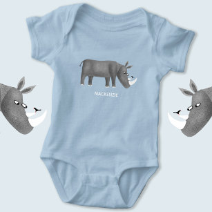 Cute Rhinoceros Animal Lover Custom Name Baby Bodysuit