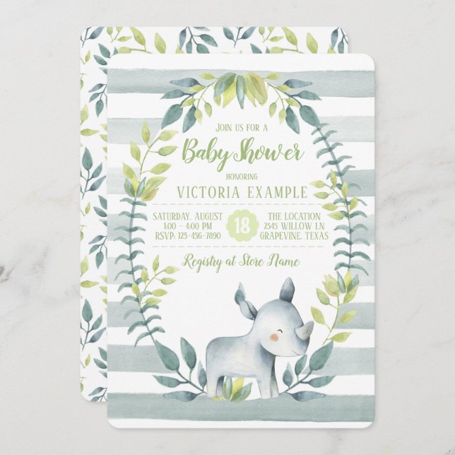 Cute Rhinoceros Baby Shower Invitations (Front/Back)