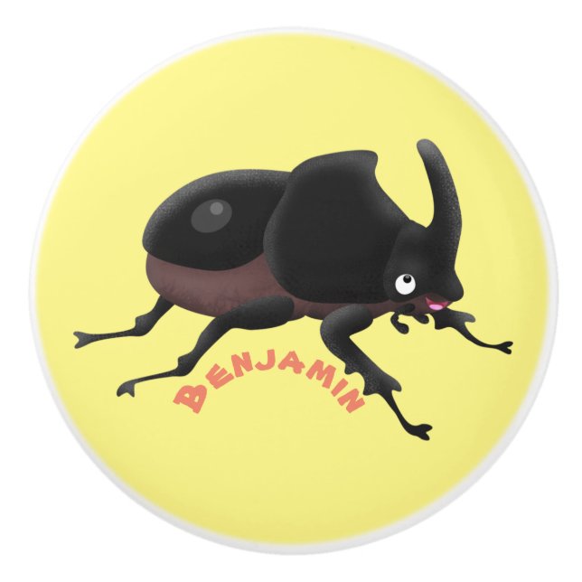 Cute rhinoceros beetle cartoon illustration ceramic knob (Front)