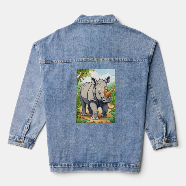 Cute Rhinoceros Cartoon-Sticker Style Baby Denim Jacket (Back)